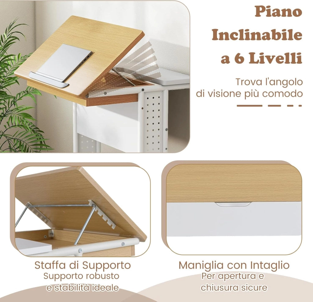 Tavolo per Laptop con Ruote, Piano Inclinabile, Scomparto Nascosto, Ripiani di Stoccaggio e Pannelli Forati, Tavolino per Computer a Forma di C per Spazi Ridotti
