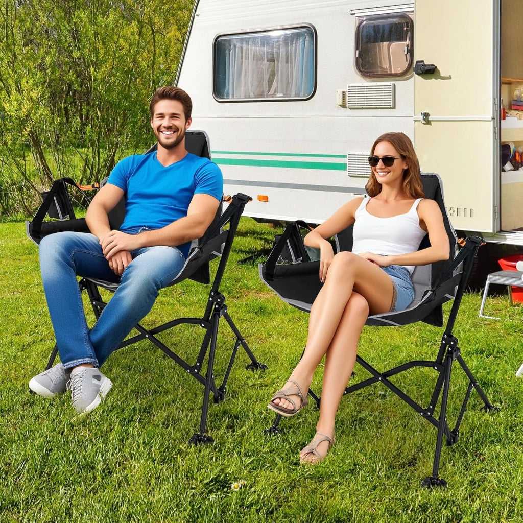 Sedia da Campeggio Amaca, Sedia a Dondolo Pieghevole con Portabicchieri, Schienale Regolabile, Poggiatesta, Sedile a Dondolo per Giardino, Patio, Prato, Portata 150 kg (Nero)
