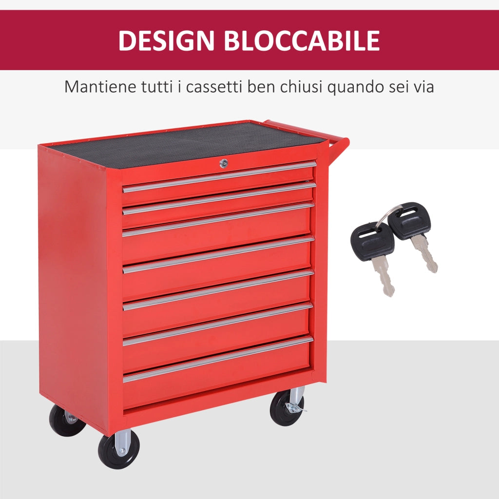 Carrello Porta Attrezzi 69x33x75 cm con 7 Cassetti Tappetini in EVA Serratura e 2 Chiavi Ruote con Freno in Acciaio