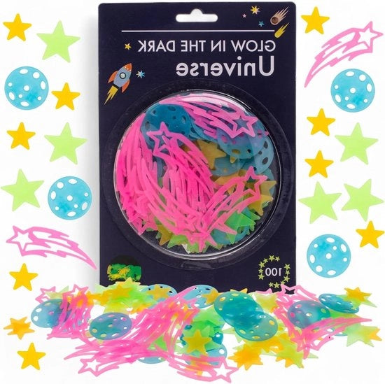 Set di stuzzicadenti per parete Universo - 100 pezzi con stelle e pianeti a luce negli oscuri, neon con punti di adesione per camera dei bambini e cielo stellato
