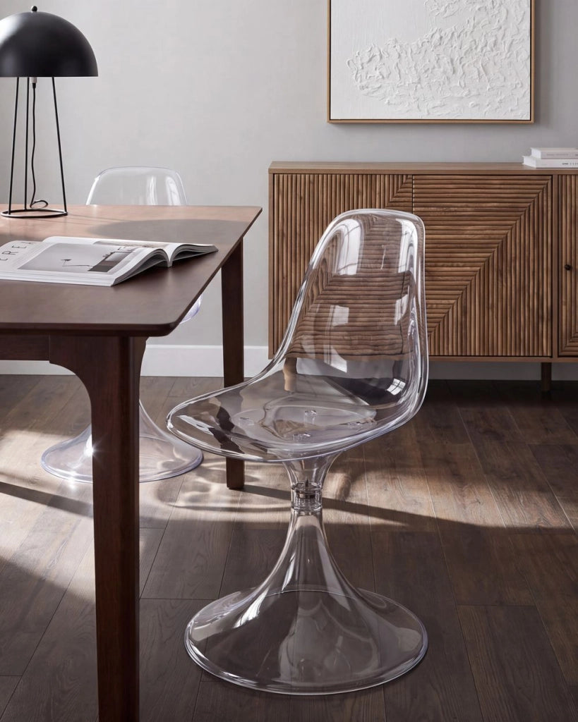 Set di 2 sedie Tulip in policarbonato trasparente con base a piedistallo, stile futuristico, trasparenti