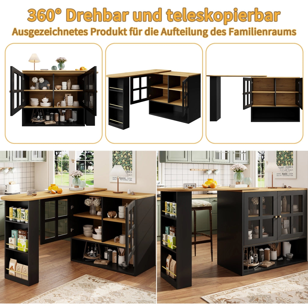 CREDENZA Girevole 138-204x39x102,5 cm MDF Nero con ante in vetro