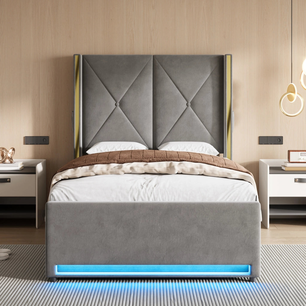 LETTO Contenitore 90x200 cm in velluto grigio scuro con USB, LED e tasche laterali