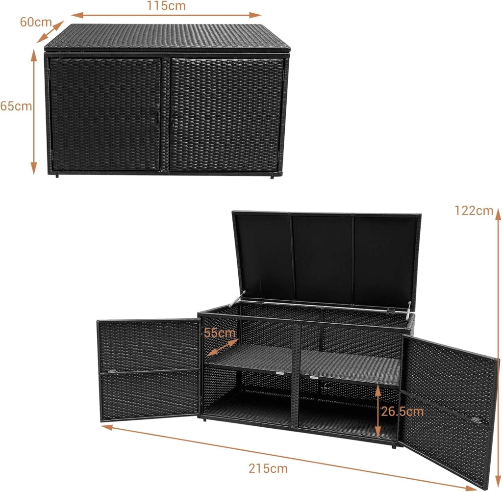 Cassapanca Per Esterni in Metallo e PE Rattan, Ideale Per Tenere in Ordine, 310 L,115 x 60 x 65/120 cm, 2 Colori (Nero)