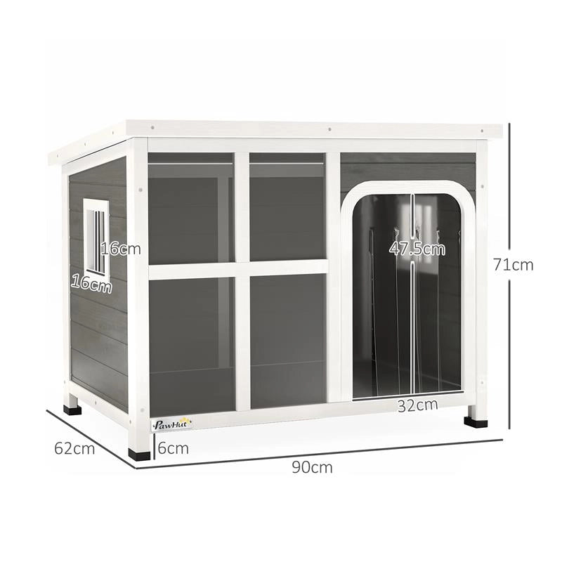 CASETTA PER CANI CON FINESTRELLE E INGRESSO A TENDA IN LEGNO DI ABETE 90X62X71 CM GRIGIO CHIARO