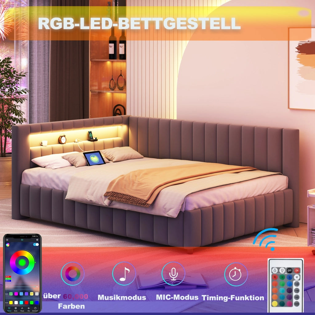 OKWISH Letto a Divano 140×200 cm, Letto Matrimoniale con LED Regolabile, USB e Schienale e Testiera, senza Materasso, Grigio