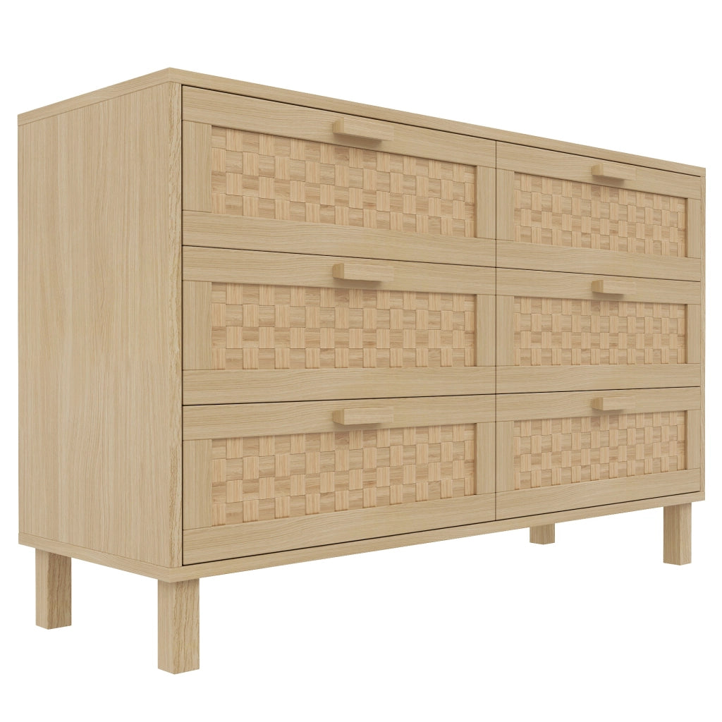 Credenza con 6 Cassetti; Frontali Effetto Rattan; Stile Naturale; in Pannello di Truciolare; 120??40??75 cm; Naturale