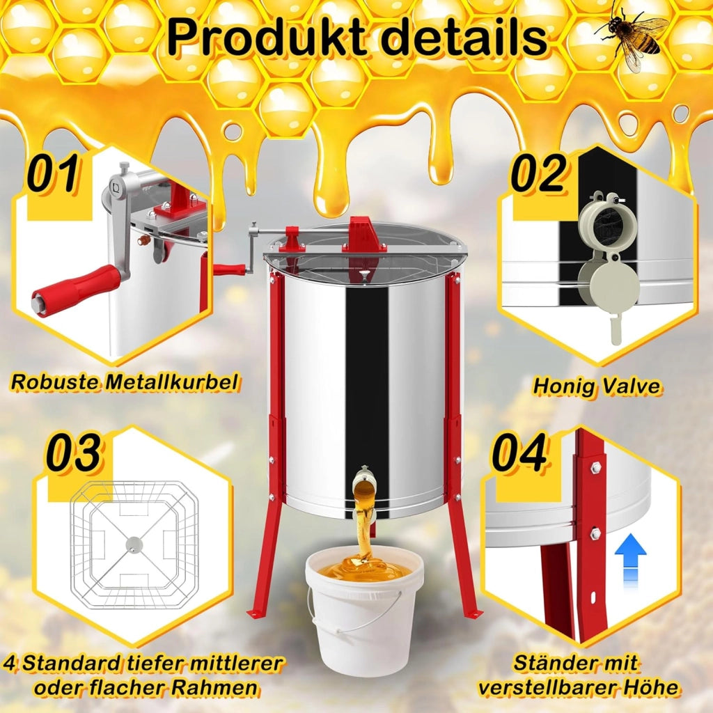 Centrifuga manuale a 4 favi in acciaio inox centrifuga tangenziale estrattore di miele con coperchio, azionamento manuale e gambe regolabili centrifuga miele accessori universali per apicoltura