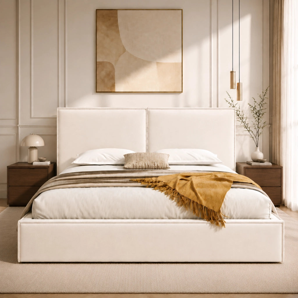 Letto Matrimoniale 180x200 cm con Contenitore idraulico; Testiera imbottita; Beige