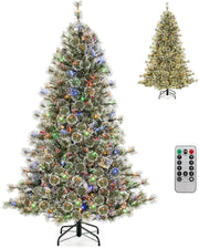 Albero di Natale Artificiale 180 CM, Albero di Natale Pre-Illuminato con 350 Luci LED Multicolore e Calde, 9 Modalità, 598 Punte di Pino, 42 Pigne e 42 Bacche Rosse