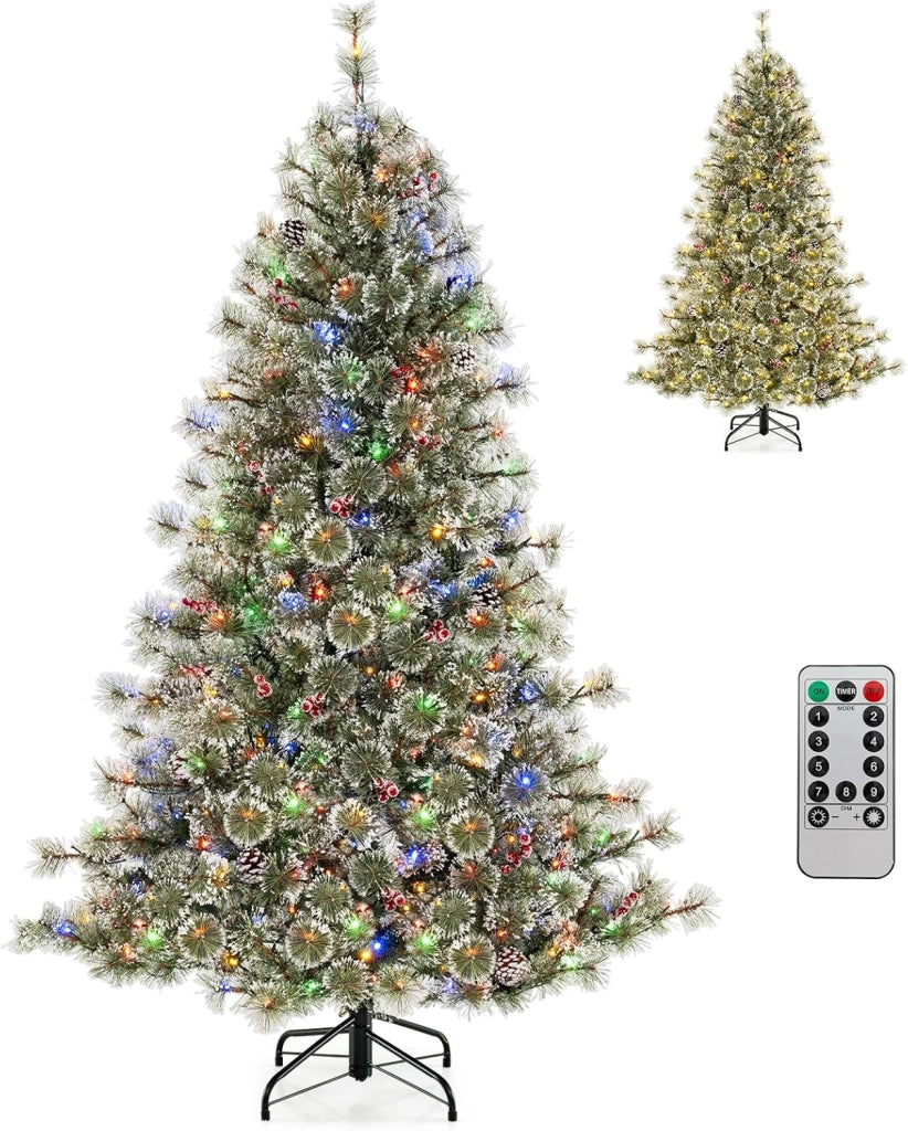 Albero di Natale Artificiale 180 CM, Albero di Natale Pre-Illuminato con 350 Luci LED Multicolore e Calde, 9 Modalità, 598 Punte di Pino, 42 Pigne e 42 Bacche Rosse