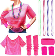 Outfit anni '80 - Maglietta neon con rete - Cintura - Gonna - Calzettoni - Set energetico con accessori - Costume retro