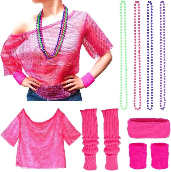 Outfit anni '80 - Maglietta neon con rete - Cintura - Gonna - Calzettoni - Set energetico con accessori - Costume retro