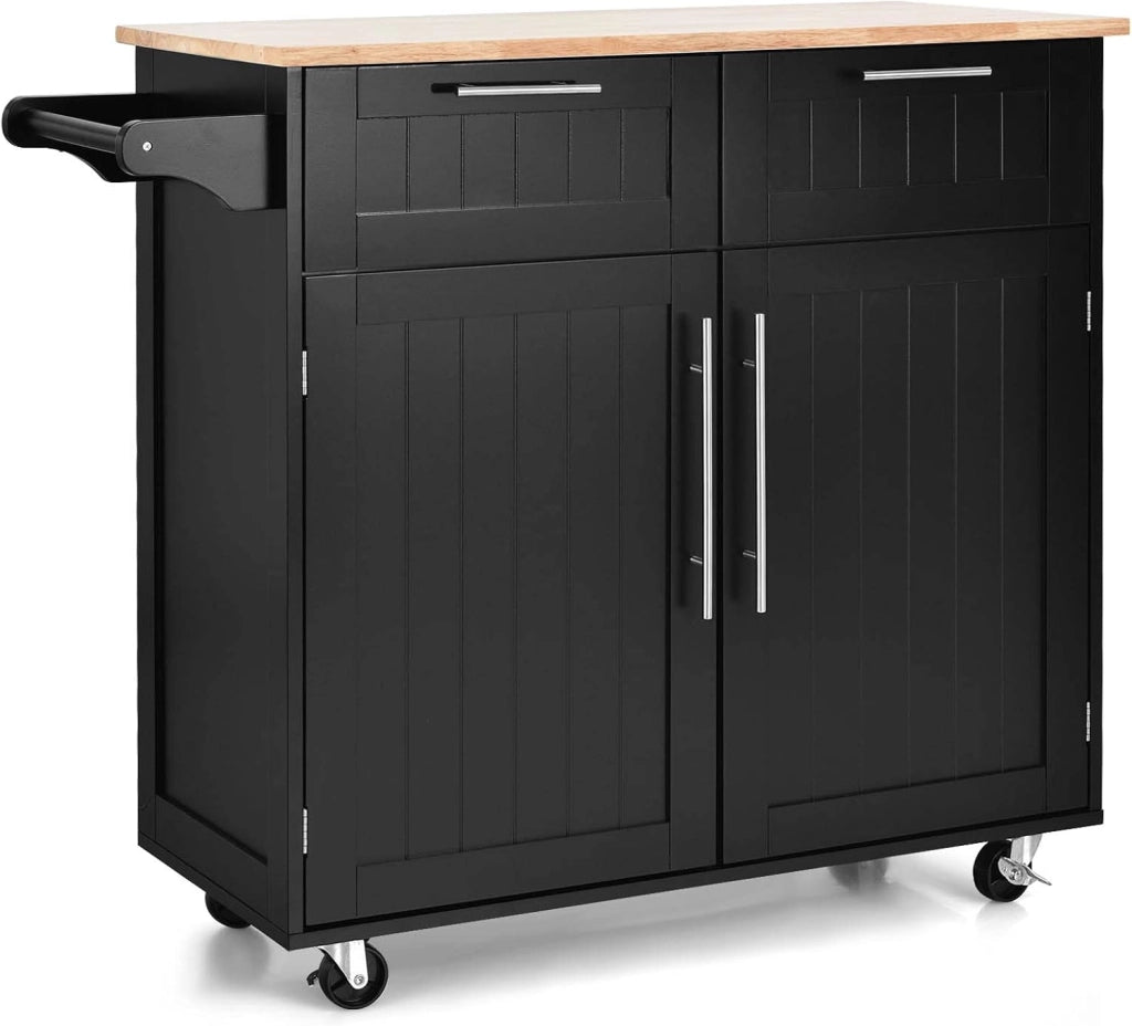 Carrello da Cucina in Legno con Piano di Lavoro, Armadio da Cucina su Ruote, Carrello da Portata con Portasciugamani e 2 Cassetti, Isola da Cucina Mobile, 3 Colori