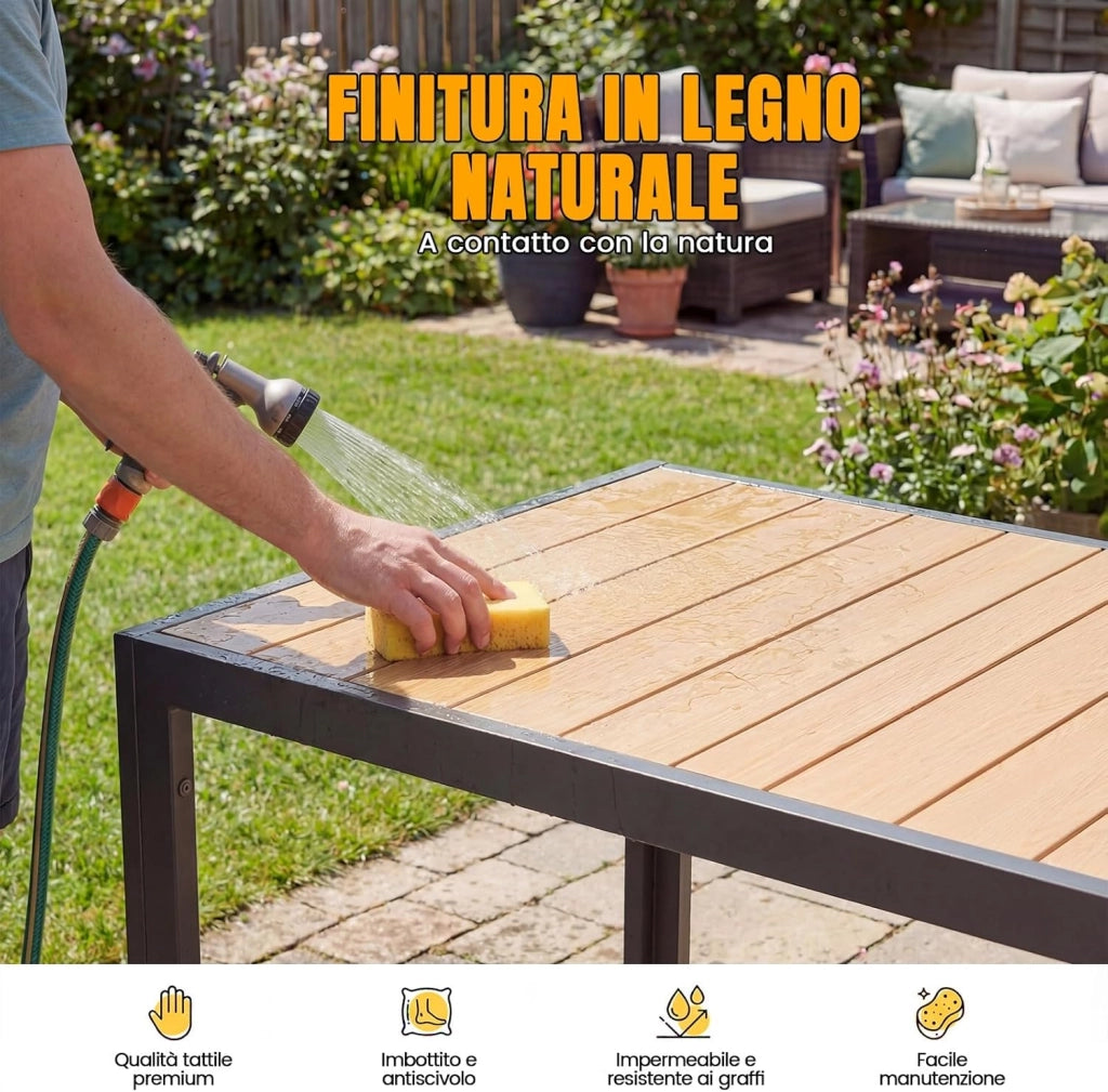 Set Tavolo e Sedie da Giardino 7 Pezzi, Composto da Tavolo 189 cm in Alluminio e 6 Sedie Pieghevoli, Tavolo da Giardino con Finitura a Vena di Legno con Sedie da Terrazza, Balcone, Naturale