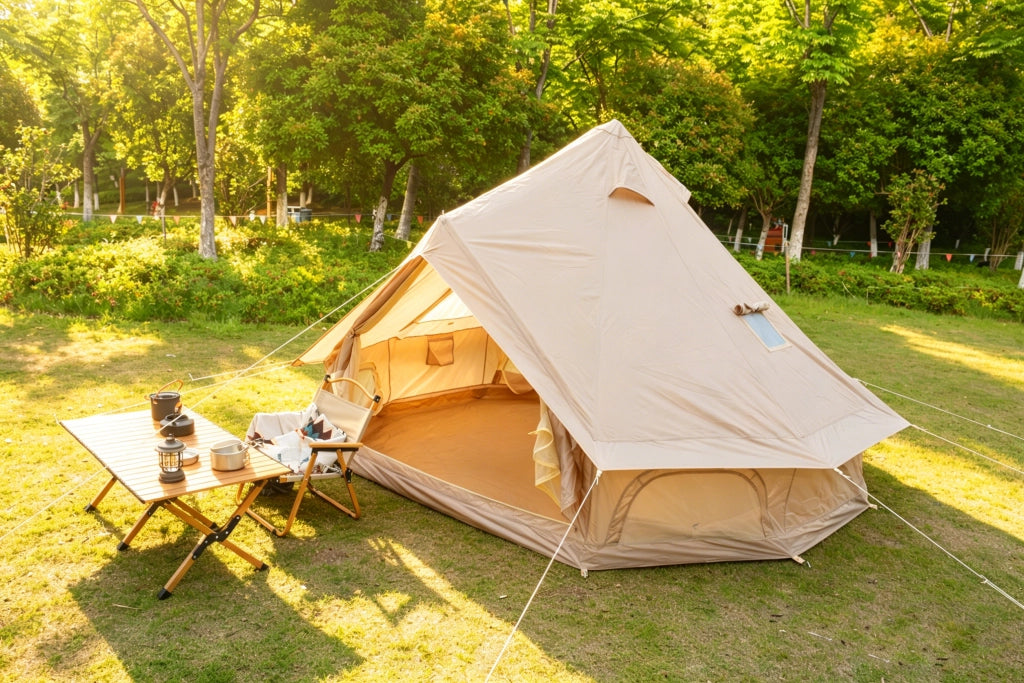 Tenda A Campana Per Campeggio Familiare Beige 300 X 300 X 200 Cm In Poliestere Per 3-4 Persone Con Bocchetta Per Stufa