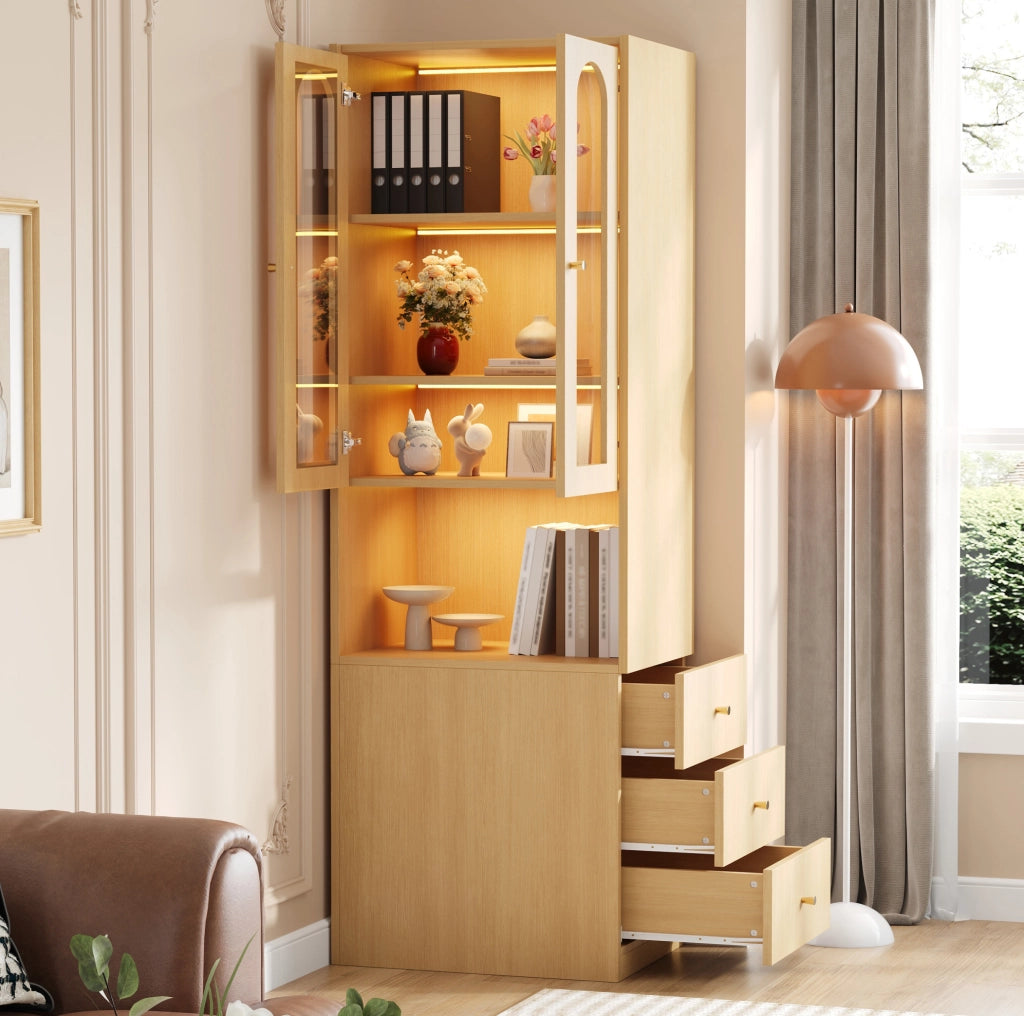 Libreria alta con 3 cassetti laterali; vetrina in vetro temperato e LED; 60×40×200 cm; MDF; rovere