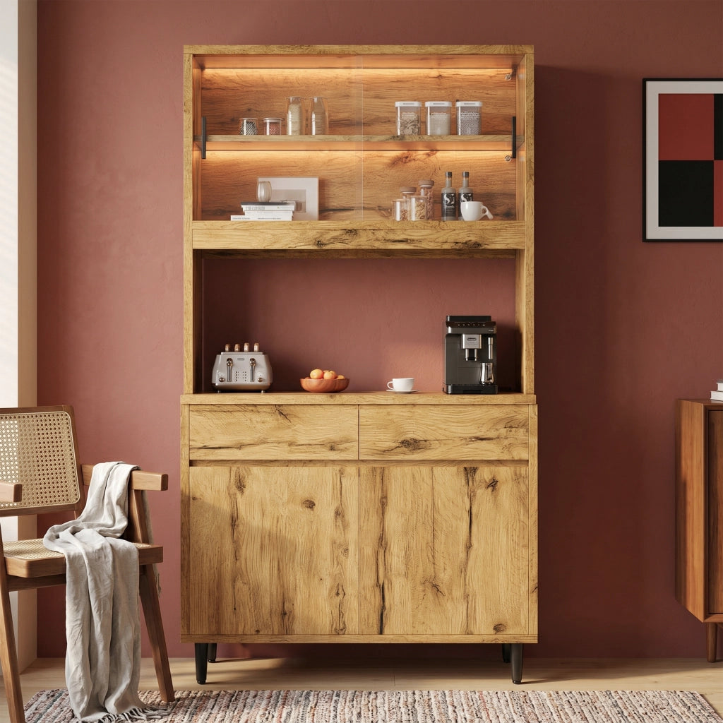 Credenza con ante in vetro; LED e prese - per soggiorno - 100x40x185 cm - rovere