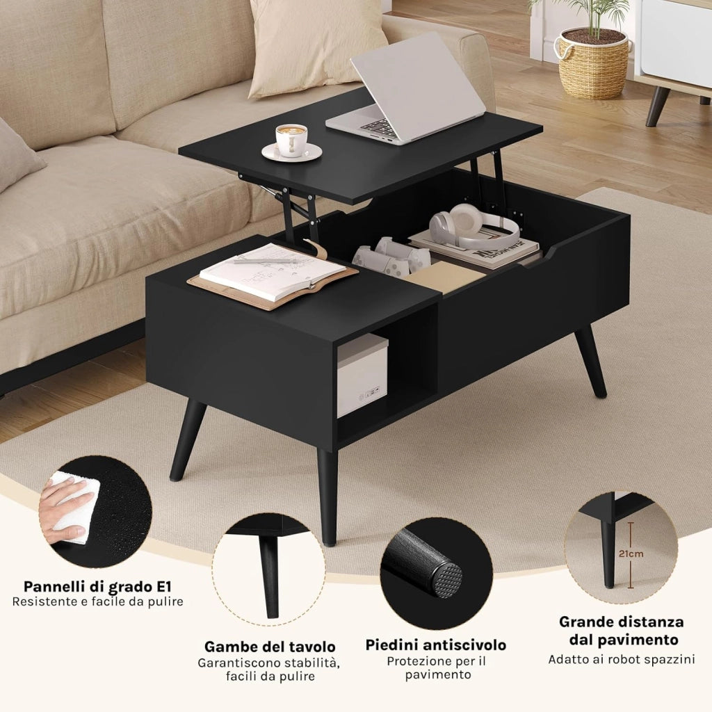 Tavolino da Caffè Sollevabile e Allungabile, Tavolo con Spazio Interno e Scomparto Aperto, Tavolino da Salotto per Soggiorno, 100x50x(43-57) cm, Nero, BTS26sz