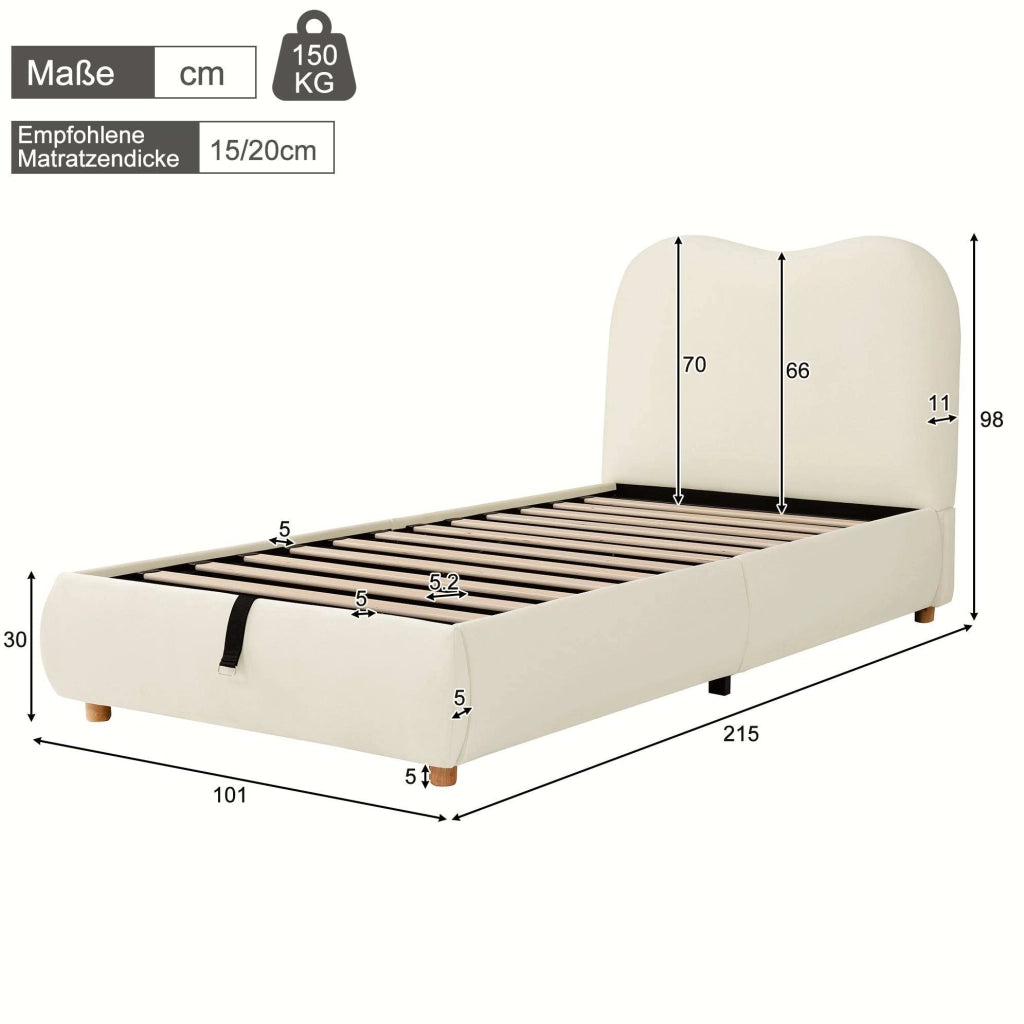Letto singolo imbottito 90x200 cm con vano contenitore e testiera in velluto beige