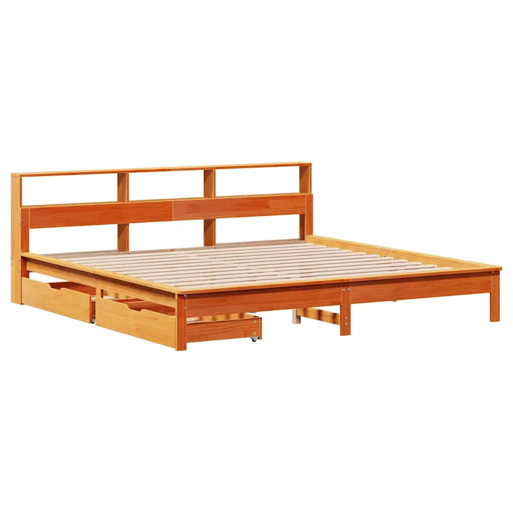 Letto Libreria senza Materasso-Struttura Letto con contenitore Marrone Cera 180x200 cm in Pino 135990