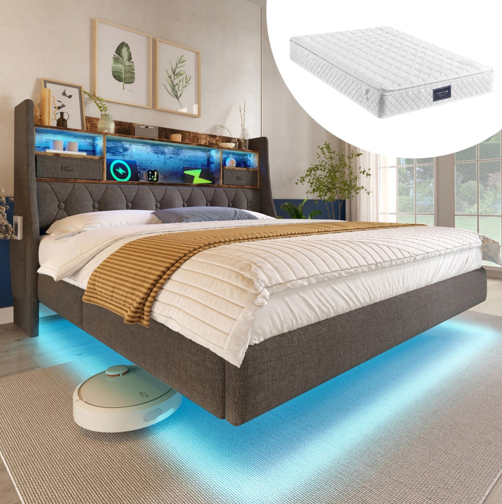 Letto matrimoniale 140x200 cm con LED, USB-C e materasso