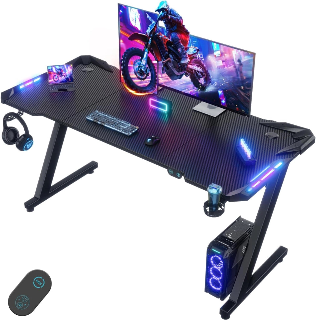 140 x 60cm Scrivania Gaming LED, Tavolo Gaming Ergonomica, Scrivania per Computer con Porta Bicchiere e Ganci per Cuffie, Postazione con Piano del Tavolo in Fibra di Carbonio, Nero