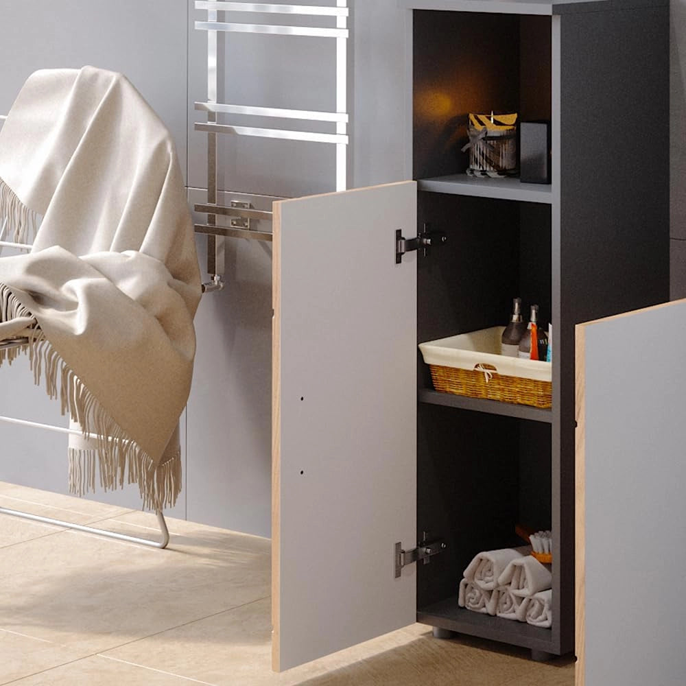Mobiletto bagno Irma, Quercia dorata/antracite, 30 x 95 cm, per la conservazione di accessori da bagno e combinabile con Irma