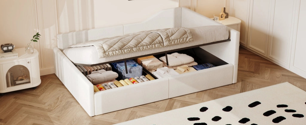 Letto giornaliero con contenitore imbottito in MDF e compensato beige 140x200 cm