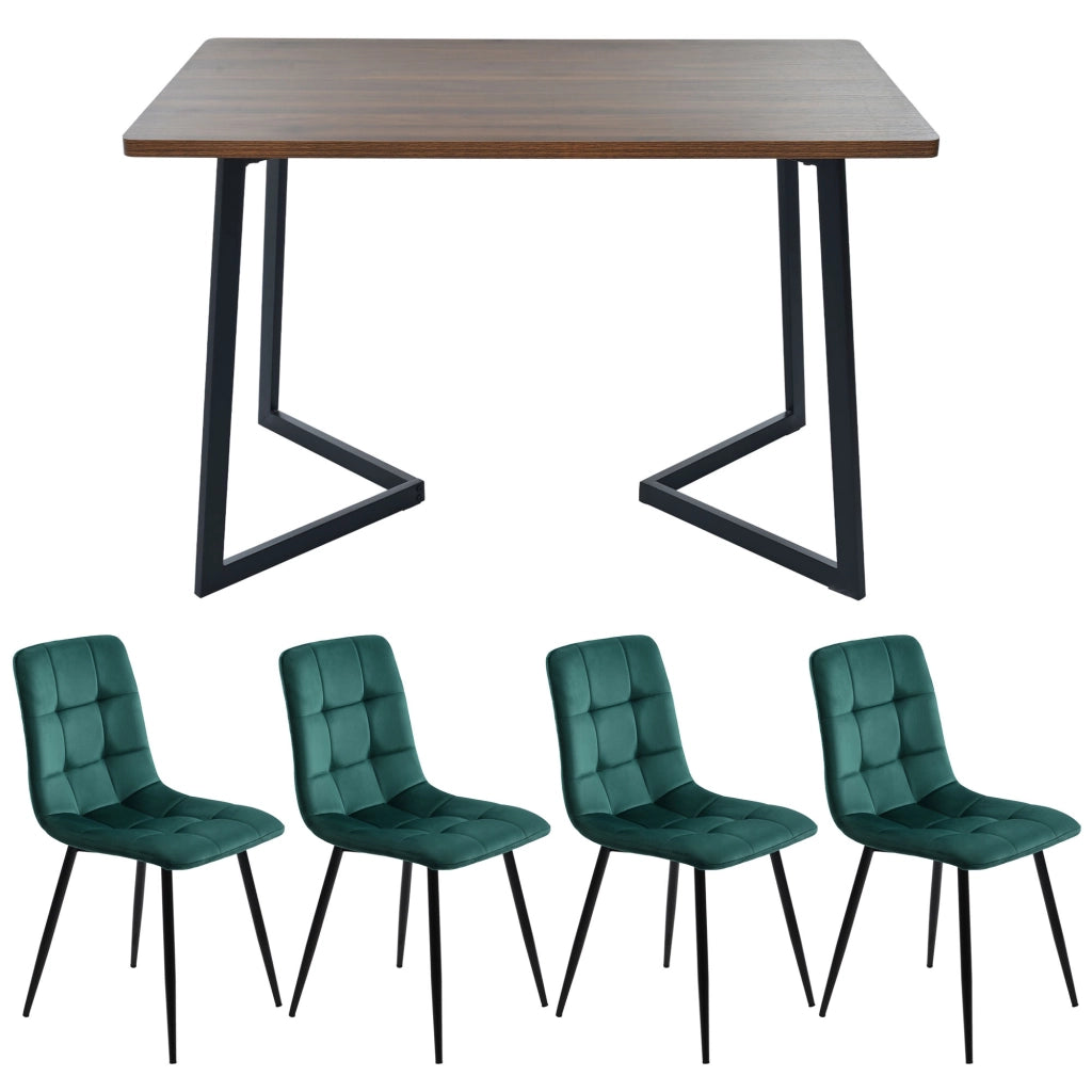 Set Tavolo da Pranzo con 4 Sedie ¨C Xylo ¨C Piano MDF Noce, Gambe Metallo Nero, Velluto Verde