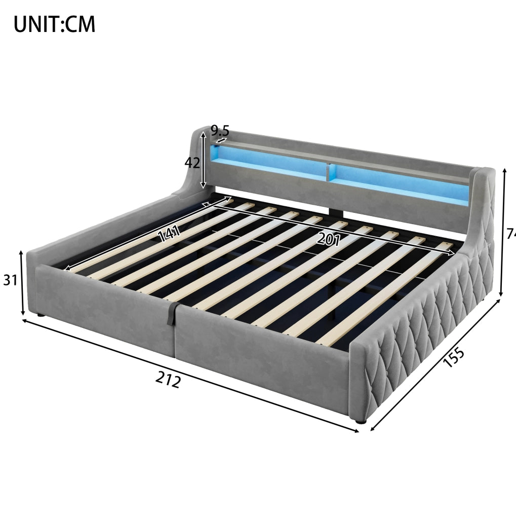 Letto imbottito 140x200 cm con contenitore idraulico e testiera LED; in flanella grigia
