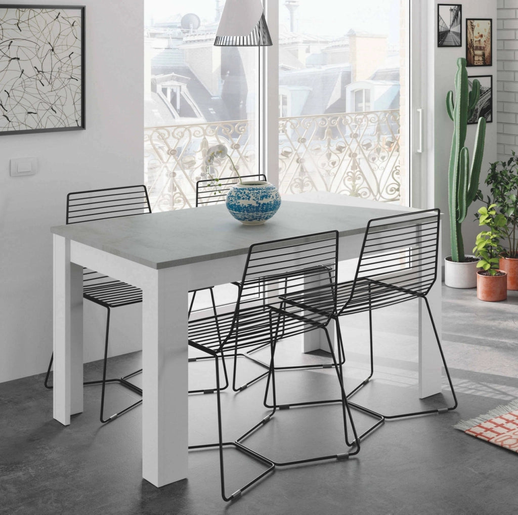 Tavolo allungabile Abudula, Tavolo per sala da pranzo allungabile, Tavolo da pranzo estensibile con allunga, cm 140/190x90h78, Cemento e Bianco