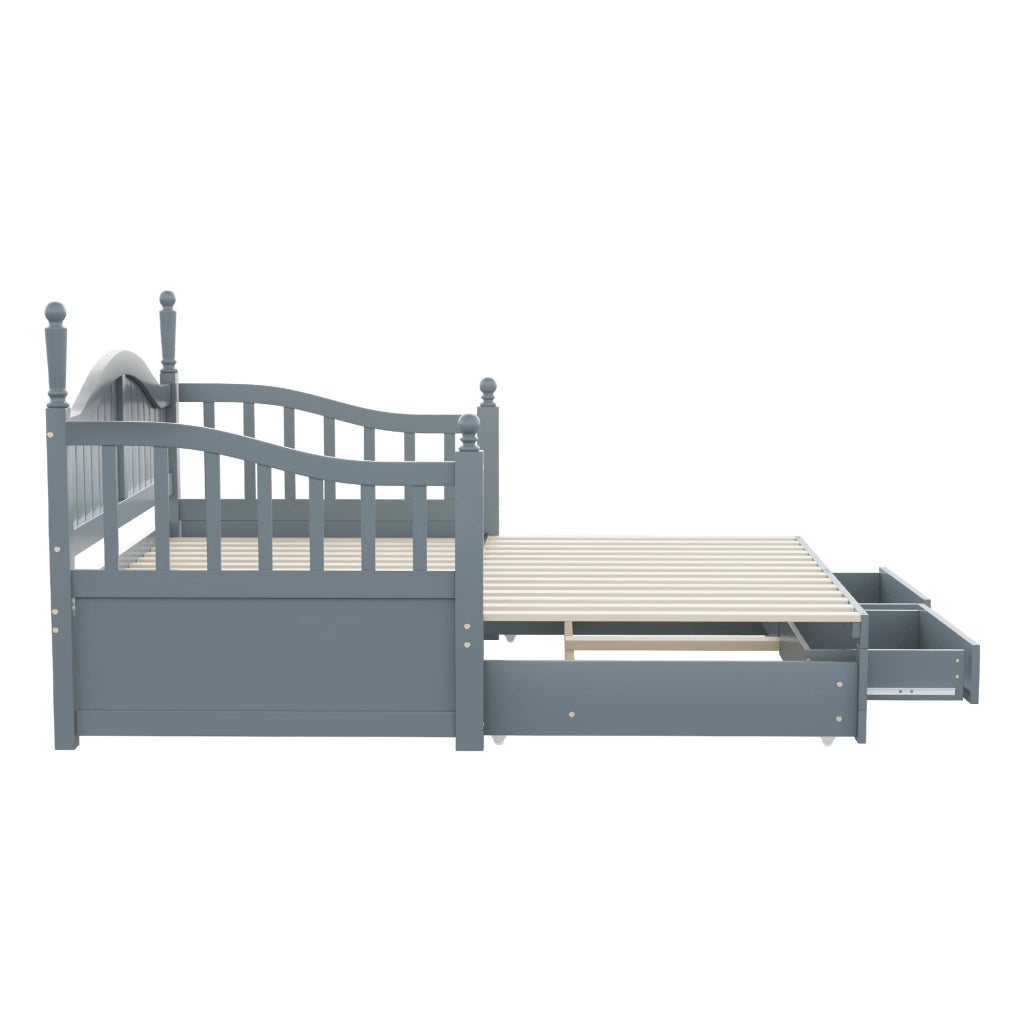 OKWISH Letto a Cassetti 90×190 cm, Letto Singolo estraibile con 2 Cassetti, Schienale Curvo e Braccioli, senza Materasso, Grigio