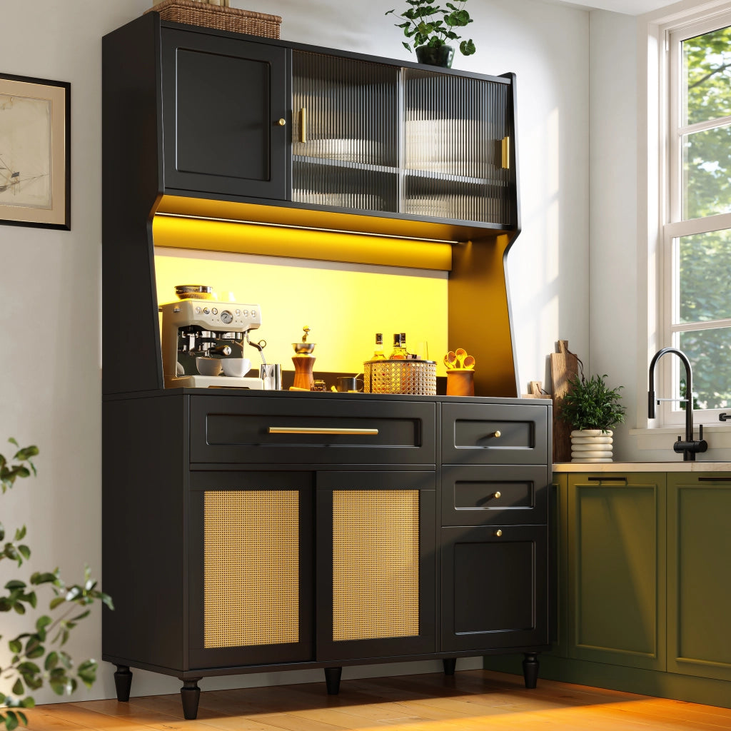 Credenza Alta da Cucina con 3 Cassetti; Ripiani Regolabili e LED; in MDF; Nero; 120x45x195;5 cm