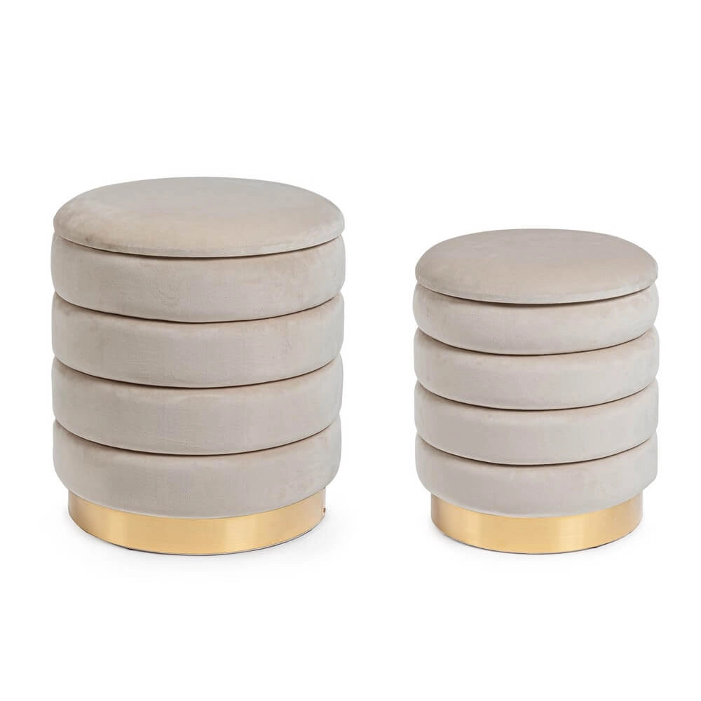 Set di 2 Pouf Contenitore Rotondi in Velluto con Base Dorata - TINI