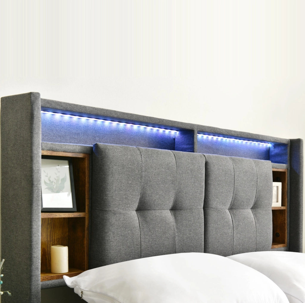 Letto matrimoniale 140x200 cm grigio con testiera contenitore; LED; prese USB e materasso