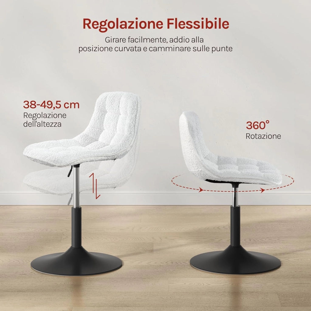 2 x Sgabelli per Toeletta Trucco, Sedia da Trucco con Schienale, Sgabello Regolabile in Altezza, Seduta in Ciniglia, Base in Metallo, Sgabello per Cucina, Camera da Letto, Bianco