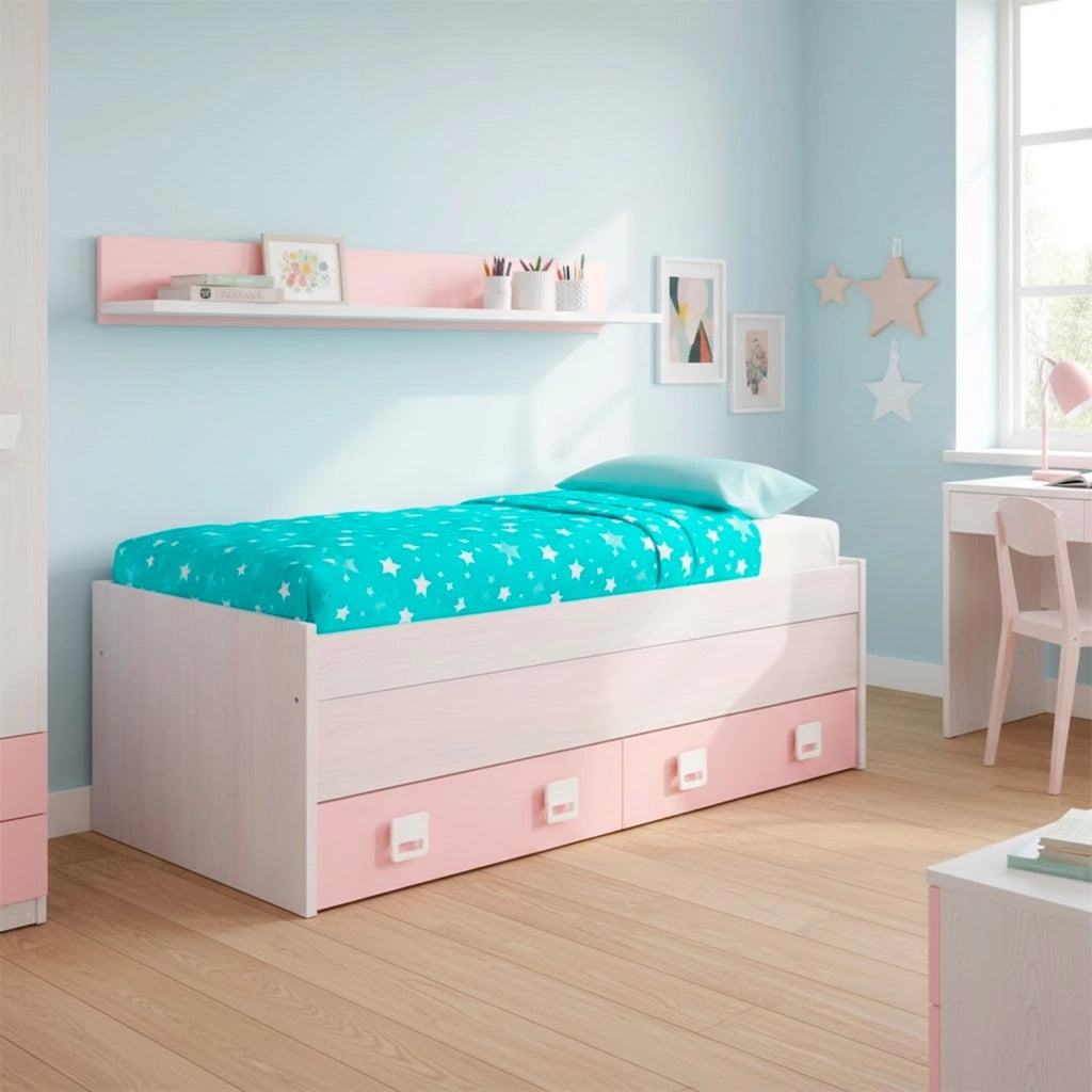 Letto Per Cameretta Con Letto Estraibile Due Cassetti E Mensola Contenitore Salvaspazio Per Bambini E Ragazzi Stile Moderno 65 x 199 x 96 Cm Bianco Alpi E Rosa