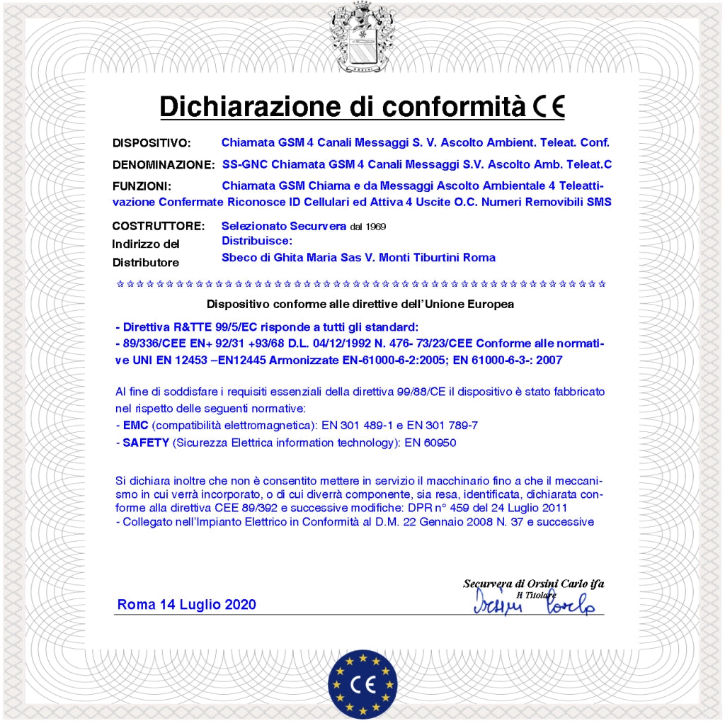 Combinatore GSM Chiama 40 Numeri su 4 Canali 4 Messaggi Voce Microfono Esterno Ascolto Ambientale Conferma 4 Attivazioni Telesoccorso Memorizza Eventi Per Data Password Apri Cancello Accesso e Blocco