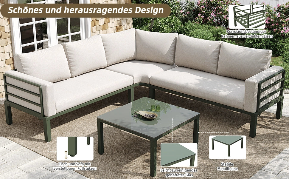 Set mobili giardino 4-5 persone: 1 tavolino caff cat vetro; ferro zincato verde; cuscini seduta beige; piedini regolabili