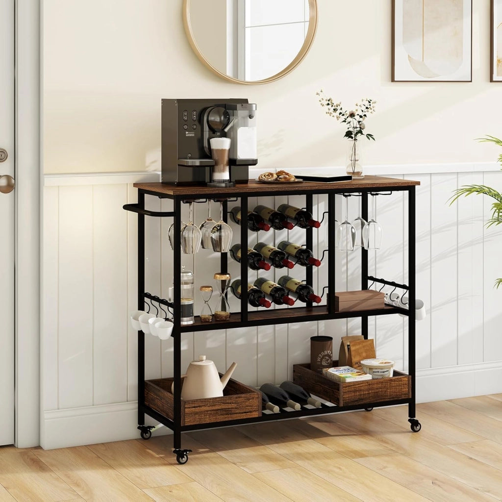 Carrello di Servizio Industriale a 3 Livelli, Carrello da Cucina con Portabicchieri, Porta Bottiglie, 107,5x40x91,5 cm