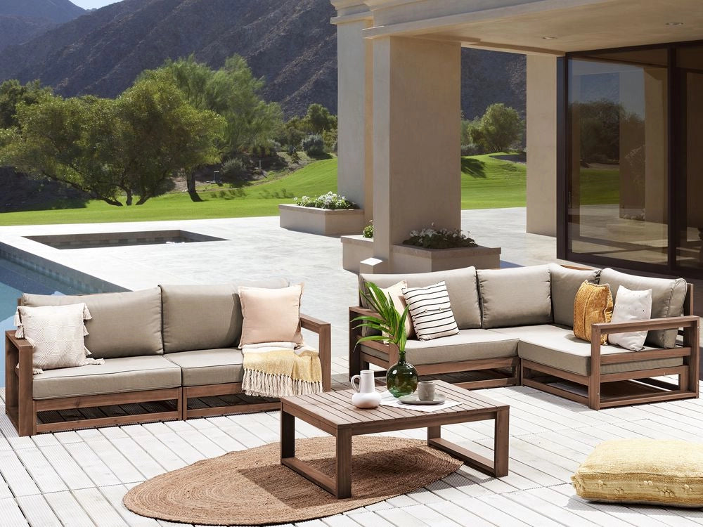 Set da giardino 4 posti in legno di acacia con cuscini tortora moderno elegante