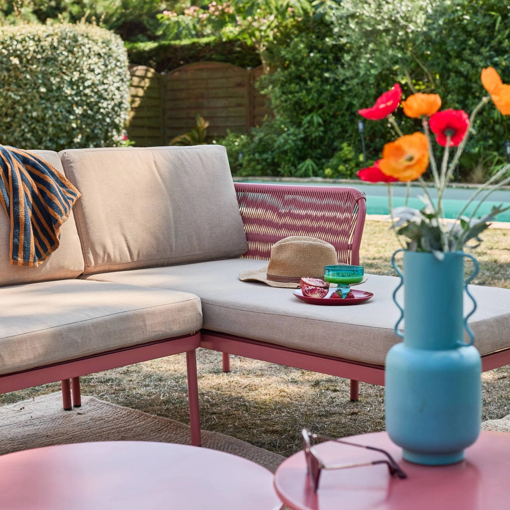 Salotto da giardino angolare in acciaio e corde, 4 posti, beige