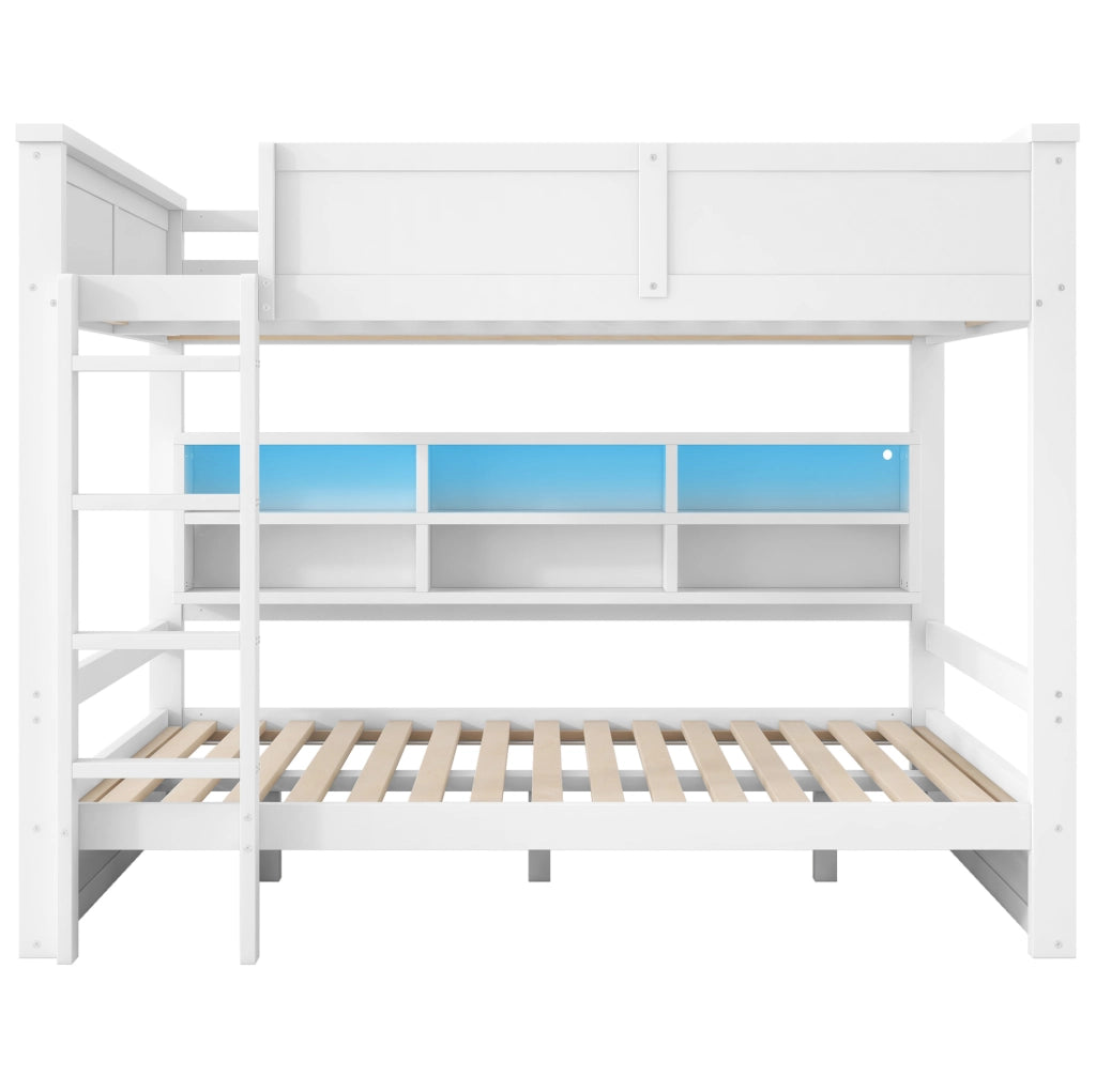 Letto a castello 160x200 cm con 6 vani contenitore e luce LED; bianco; in pino e MDF