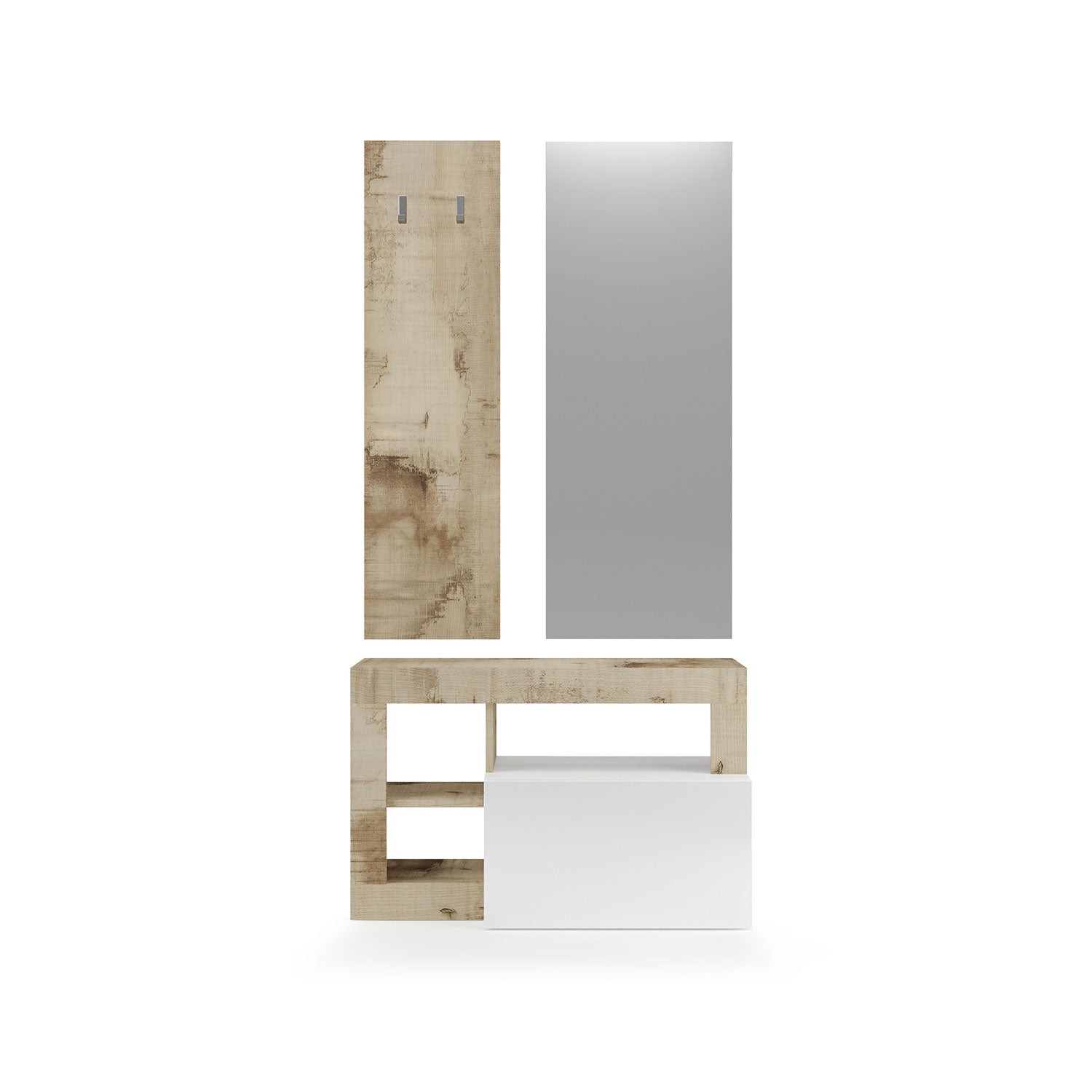 Set Ingresso Mobile 1 Anta a Ribalta Appendiabiti 90,5x36x170 cm e Specchio 50x110 cm Hamburg Bianco Lucido e Pero