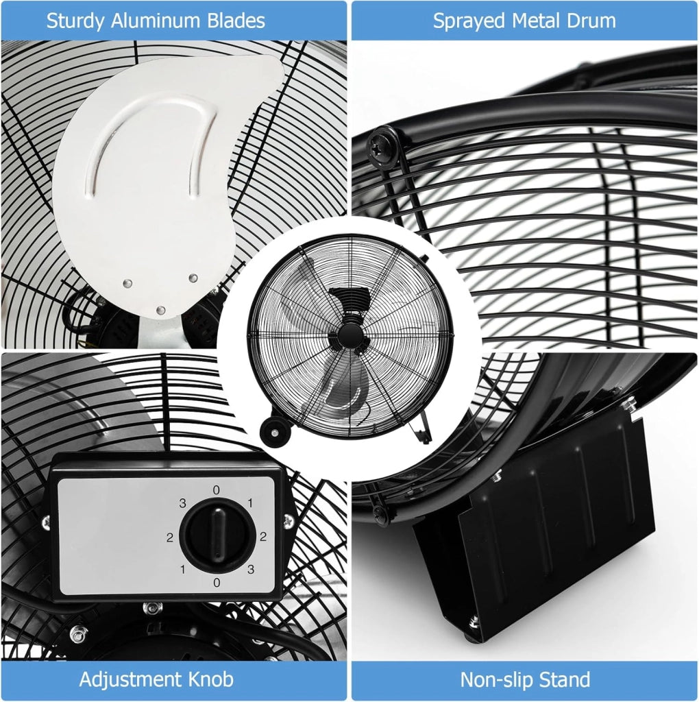 Ventilatori da Pavimento, 3 Velocità di Vento Regolabili, Ventilatore Industriale in Metallo, 2 Ruote in Gomma, per Magazzino, Officina, Cantina, Ufficio, Ø60 CM (Nero)