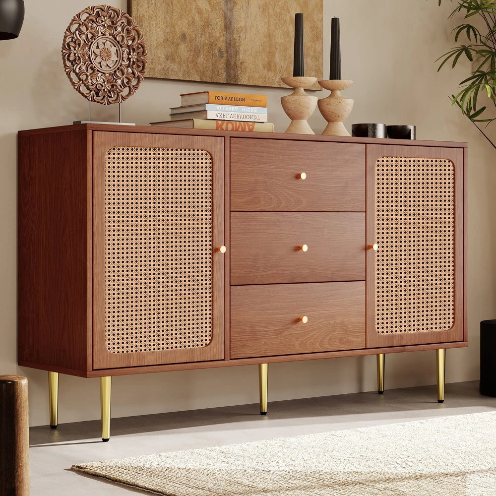 Buffet Commode con 2 porte e 3 cassetti - Xylo - Porte in rattan, ripiano regolabile, Marrone
