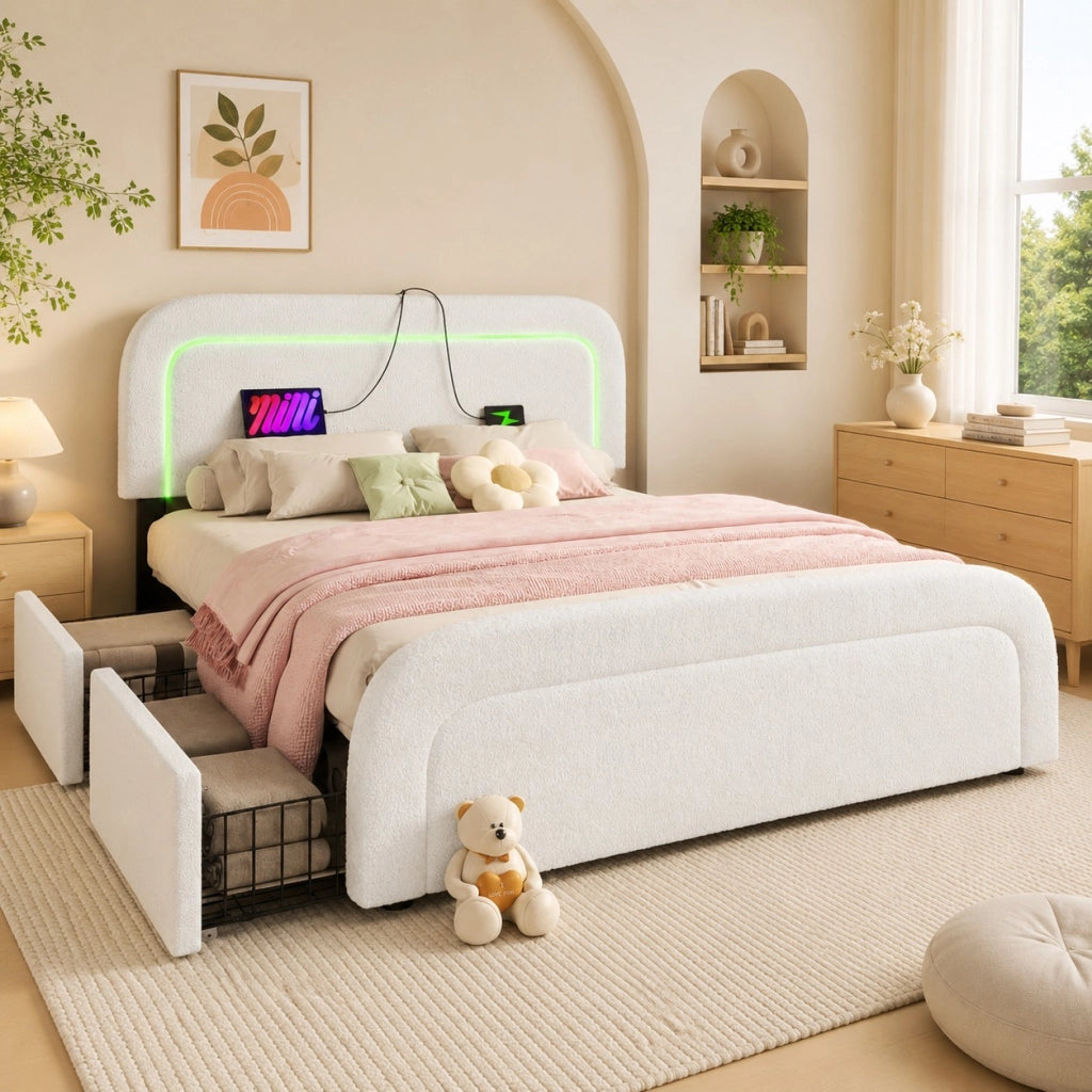 Letto matrimoniale 160x200 cm in Sherpa bianco con USB Type-C; LED e 4 cassetti