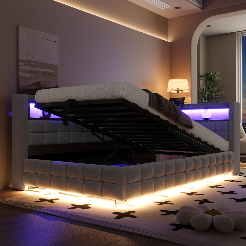 Letto contenitore singolo 90 × 200 cm con LED, prese USB e Type-C, ripiani in legno, senza materasso, grigio chiaro