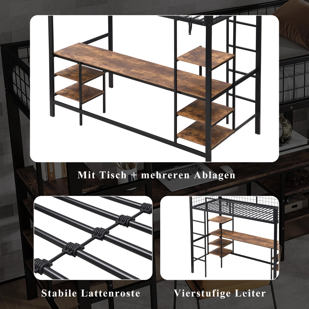 Letto a Soppalco 90 x 200 cm - Scrivania; Mensole e Scala a 4 Gradini - Nero
